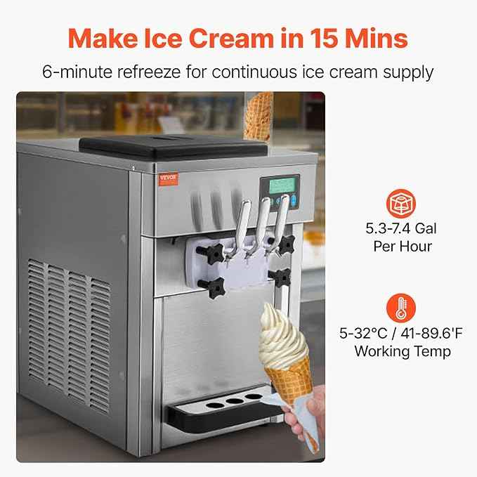 VEVOR Commercial Ice Cream Machine, 21 QT/H Soft Serve Ice Cream Maker with LCD Panel Auto Clean 3-Flavor Pre-cooling for Restaurant Snack Bar