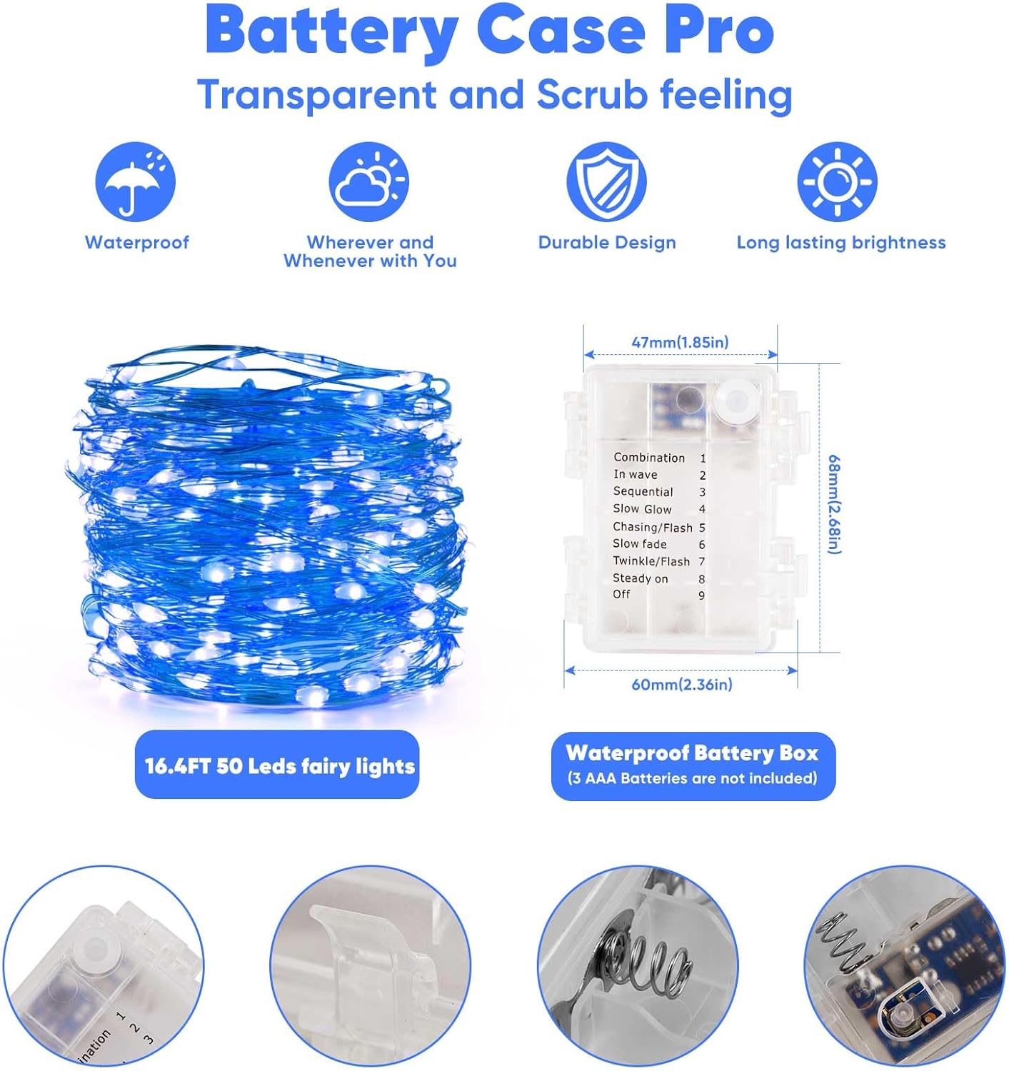 2 Pack 16.4 Ft. Battery Operated Outdoor String Lights with Remote & Timer, LED Blue Fairy Lights, Waterproof Twinkle Lights for Bedroom, Dorm, Mason Jar, Wedding, Party, Christmas