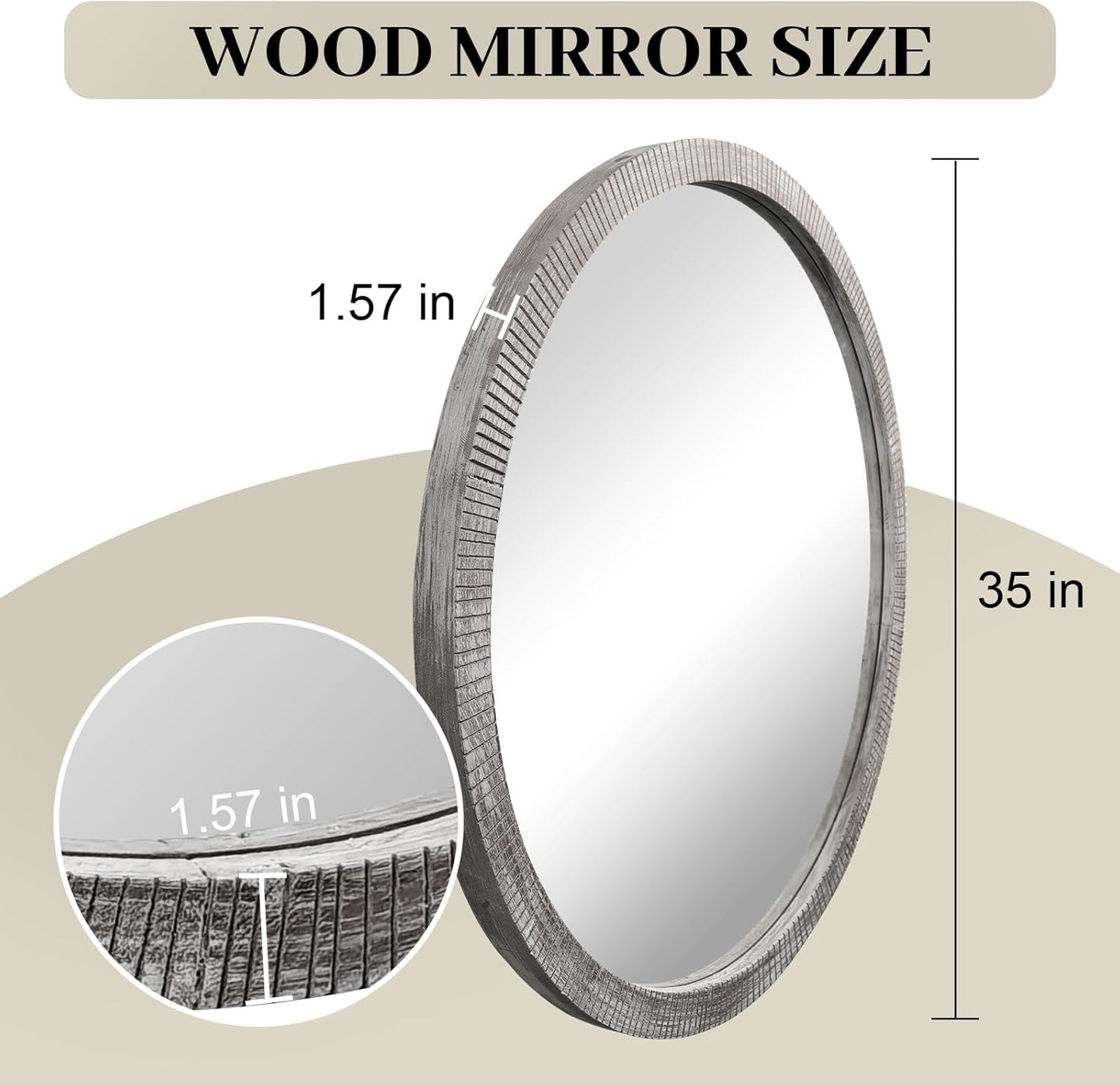 35" Round Wood Mirror, Large Wooden Round Mirror, Wood Round Mirrors for Wall Decor, Rustic Circle Wall Mirrors for Entryway, Living Room, White Washed Frame