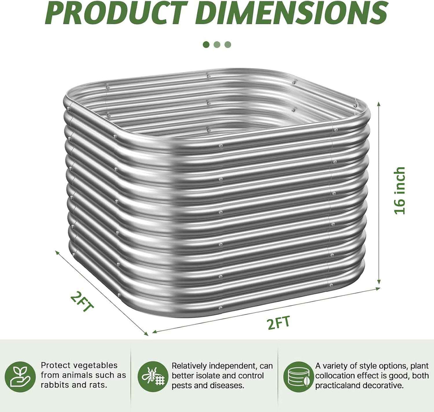 2 Pack Tall 2x2FT Corrugated Galvanized Steel Raised Garden Bed Outdoor, Metal Above Ground Garden Bed for Vegetables and Flowers, Raised Beds for Gardening-2x2FTx16inch