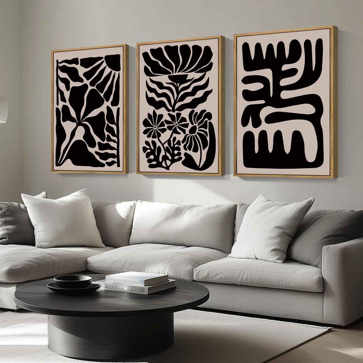 Large Black Boho Wall Art Framed Black Floral Design Artwork Abstract Wall Decor Vintage Wall Painting for Living Room Bedroom Bathroom 24x36 Inch Set of 3