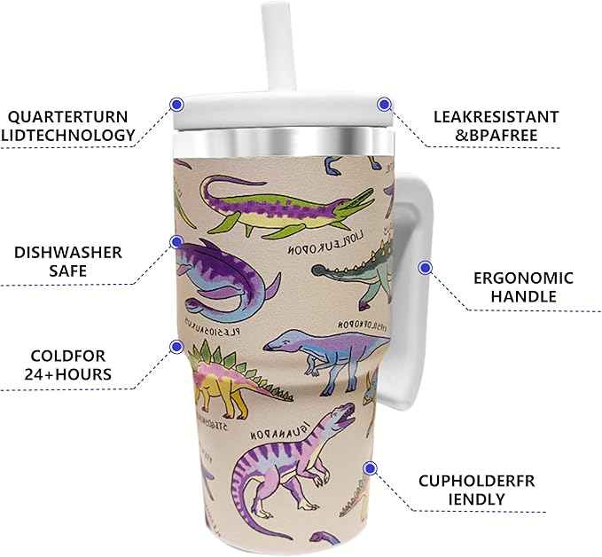 2PCS 20-OZ Insulated Water Bottle,Insulated Stainless Steel Tumbler,Reusable Cold Drink Thermos,BPA-Free, Double-Wall Stainless Steel Water Bottle (Cream-Dinosaurs, 20, Fluid Ounces)