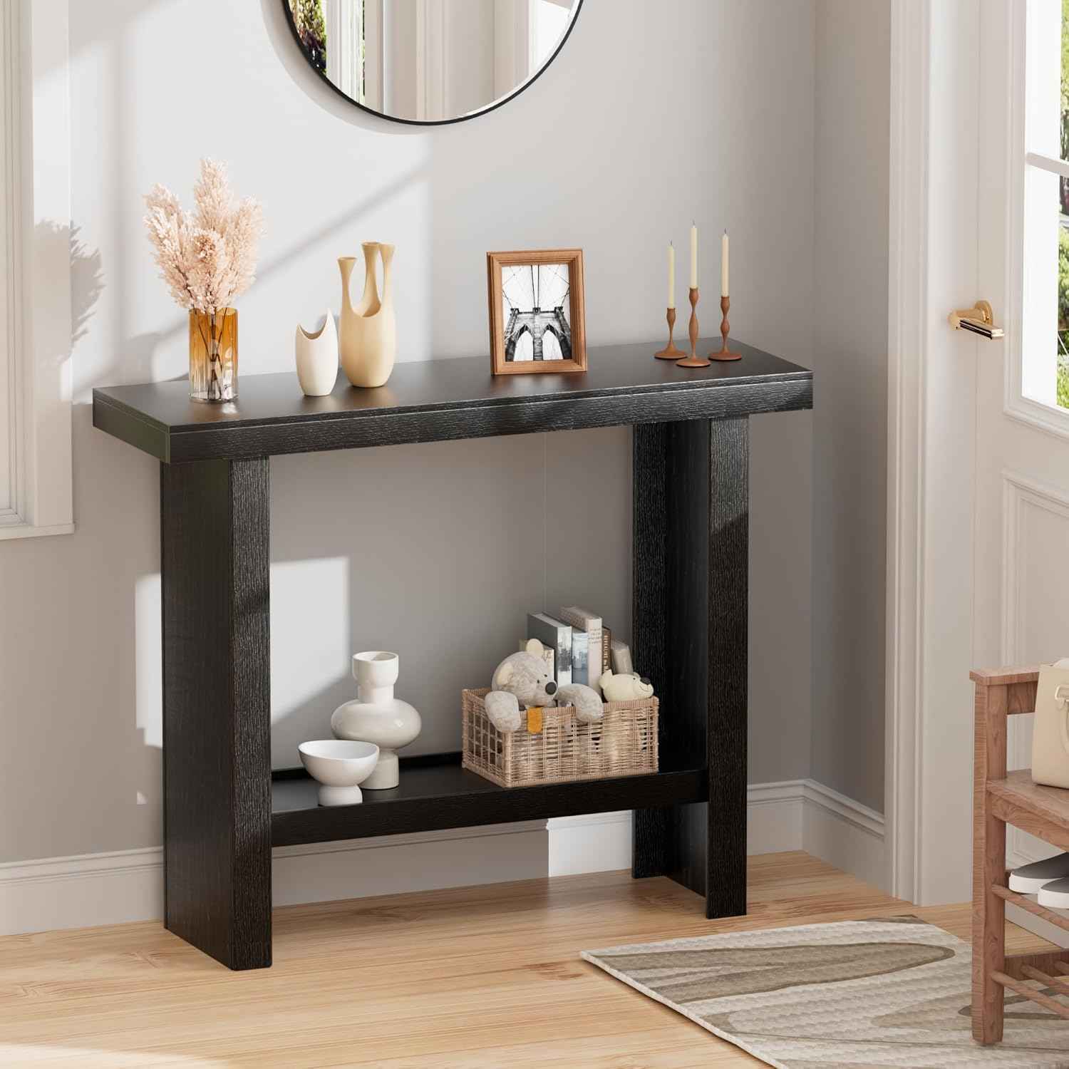 LIFECHOVY Modern Console Tables with Storage, Narrow Entryway Table for Hallway, Behind The Couch Sofa, Entrance Table with Shelves for Living Room, Foyer, Black