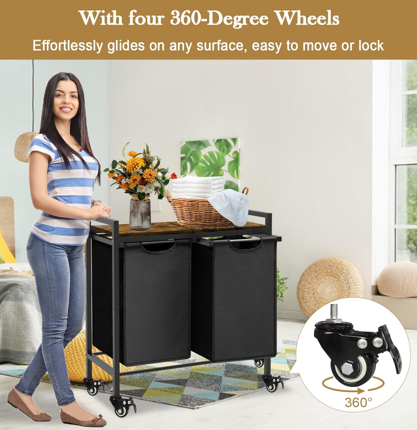 Double Laundry Hamper with Wheels & 2 Pull Out Section Removable Bags, Extra Large Dual Rolling Laundry Sorter Basket Organizer with Shelf for Bathroom, Bedroom, Laundry Room, 2 x 9Gal, Black