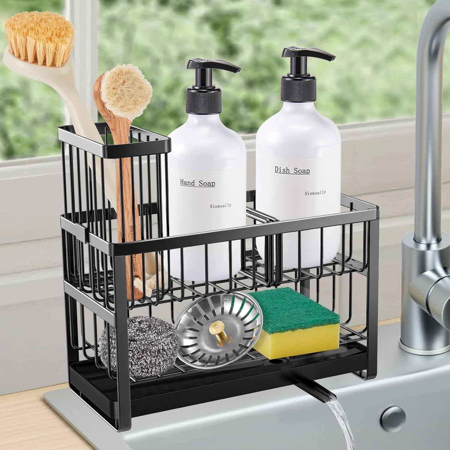 Sinnsally Kitchen Sponge Holder,Sink Caddy Organizer with High Brush Holder,Stainless Steel Sink Box Dish Scrubber Holder,Soap Tray for Kitchen Counter Accessories & Storage Rack(2 Tier - Black)