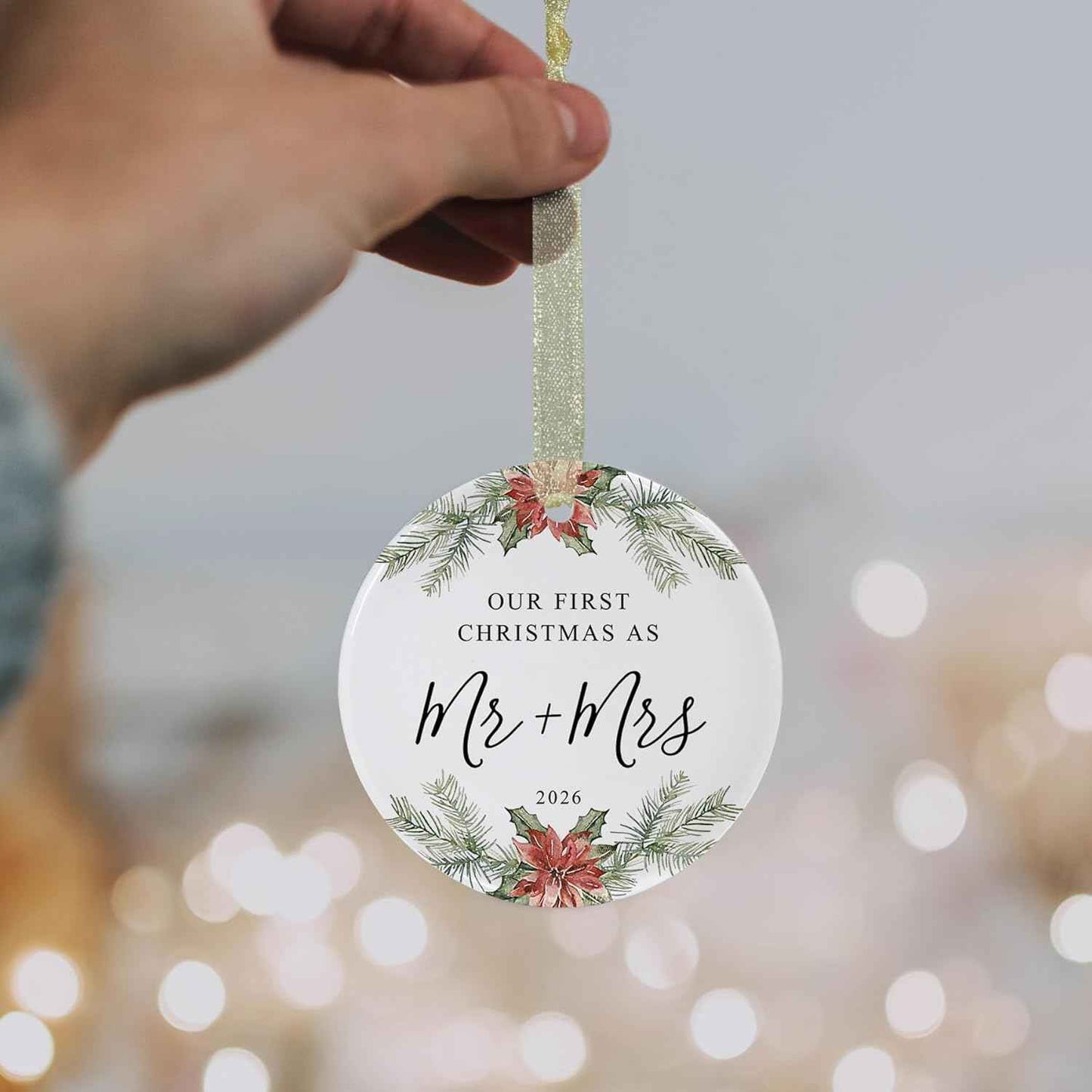 First Christmas as Mr and Mrs Ornament 2026,1st Year Wedding Ornament for Newlywed,Our First Married Christmas Ornament,Ceramic Hanging Decoration for Couples Just Married with Gift Box&Ribbon 2.9"
