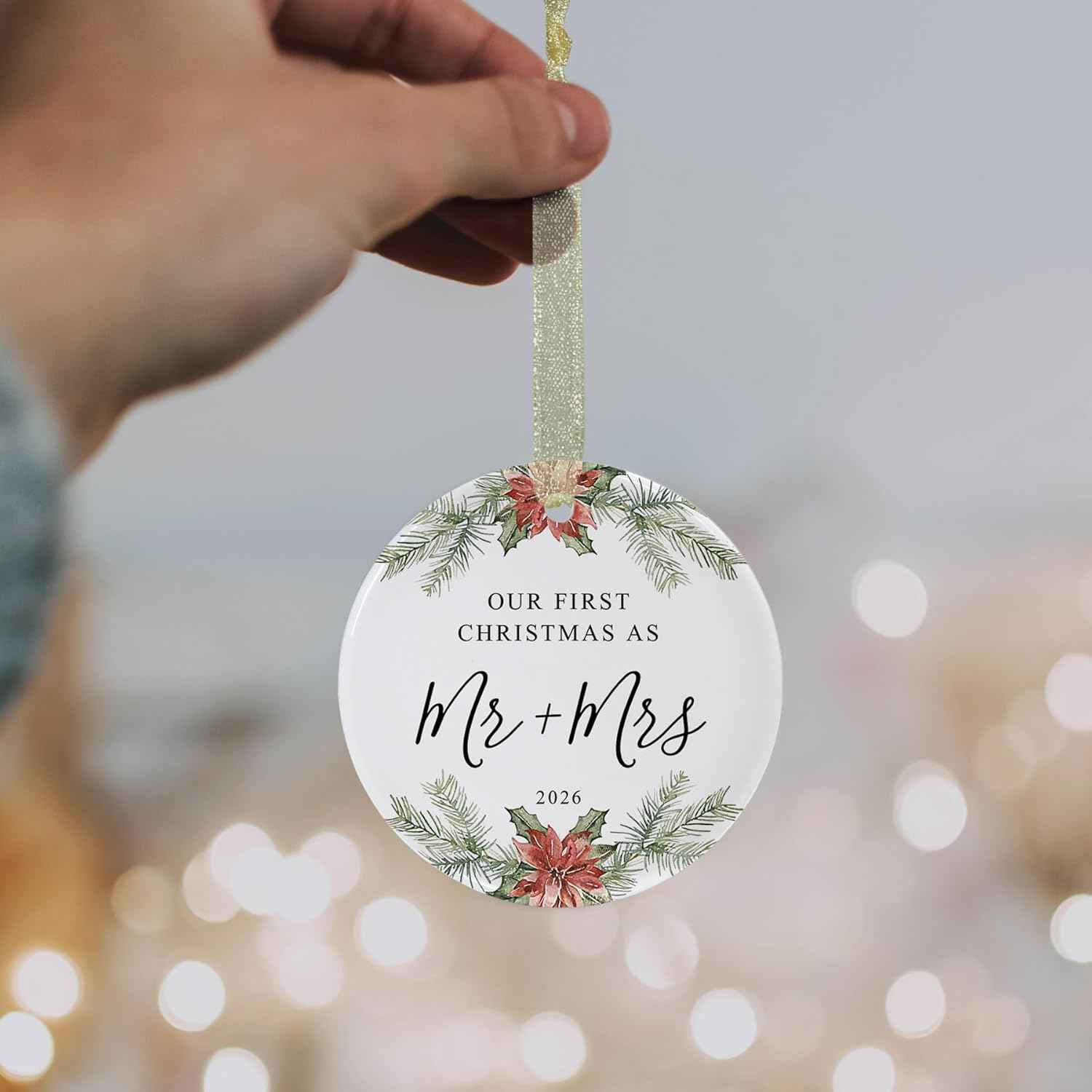 First Christmas as Mr and Mrs Ornament 2026,1st Year Wedding Ornament for Newlywed,Our First Married Christmas Ornament,Ceramic Hanging Decoration for Couples Just Married with Gift Box&Ribbon 2.9"