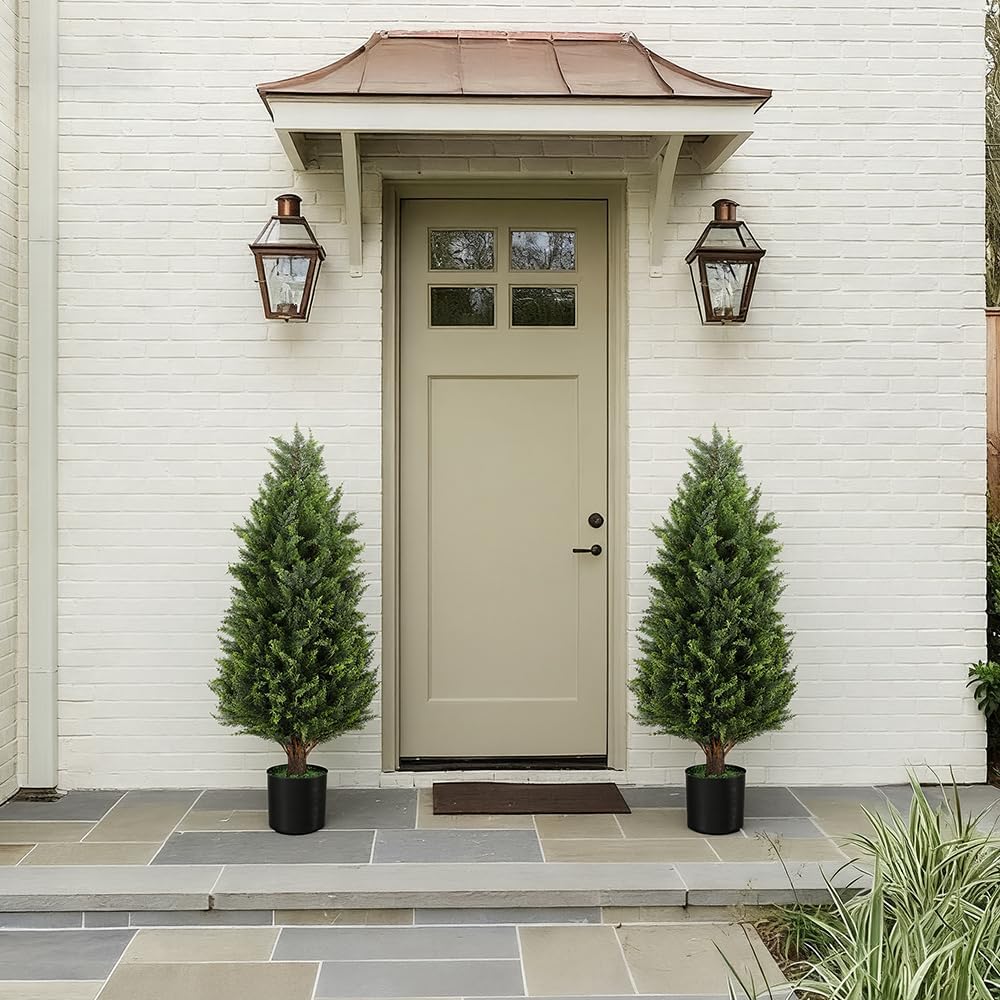 3FT Artificial Cedar Topiary Trees Set of 2, UV Resistant Lifelike Fake Evergreen Pine Potted Shrubs Plants Outdoor, Realistic Faux Cypress Bushes for Front Porch Indoor Home Garden Christmas Decor
