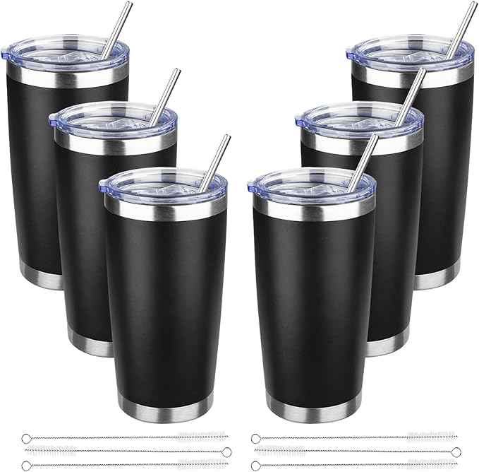 20 oz Tumbler with Lids and Straws, Stainless Steel Insulated Travel Coffee Mug, Double Wall Vacuum Insulated Tumblers, Powder Coated Coffee Tumbler for Cold & Hot Drinks (Black,6pack)
