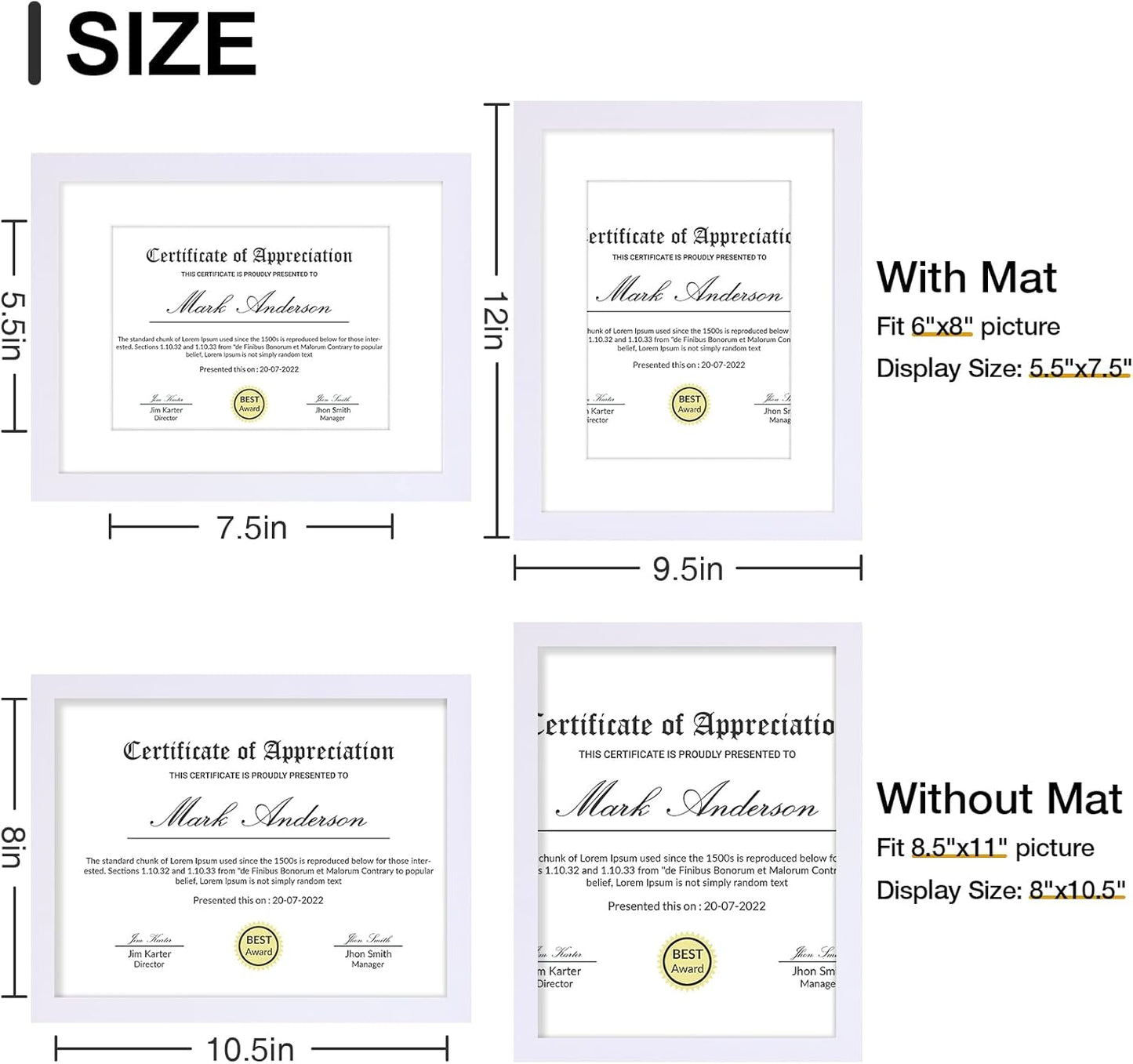 Vittanly 8.5x11 Picture Frames Set of 9, Shatter Resistant Plexiglass, Display 6x8 Pictures with Mat or 8.5x11 without Mat, Photo Frames for Wall or Tabletop, Engineered Wood, White