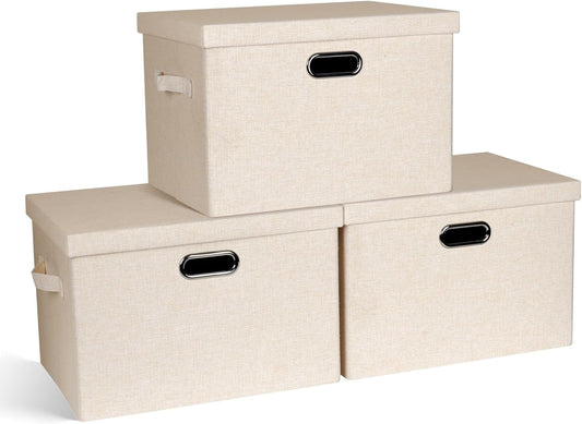 Large 17" 36 Quart Collapsible Stackable Storage Bins with Lids, 3 Packs Light Orange Linen Fabric Closet Boxes with Lids, Storage Cube Baskets Container Organizers for Office (17x12x11)