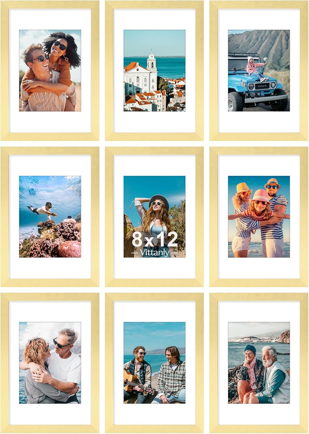 Vittanly 8x12 Picture Frames Set of 9, Shatter Resistant Plexiglass, Display 6x8 Pictures with Mat or 8x12 without Mat, Photo Frames for Wall or Tabletop, Engineered Wood, Gold