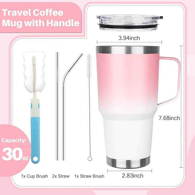 30 oz Stainless Steel Insulated Tumbler with Handle, Double Wall Vacuum Insulated Coffee Mug Tumbler, Thermal Cup for Cold and Hot (Pink White)
