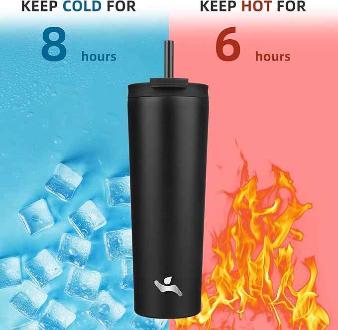 Konokyo 30 OZ Insulated Tumbler with Lid and 2 Straws Stainless Steel Water Bottle Vacuum Travel Mug Coffee Cup,Black