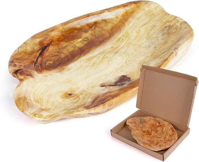 BTEOBFY Natural Wood Fruit Bowl, Unique Handmade Wood Serving Platter, Fruit Snack Dish for Sandwich Bread Serving, Appetizer Display, Vintage Ring Dish, Hand Carved Artworks，13-14in
