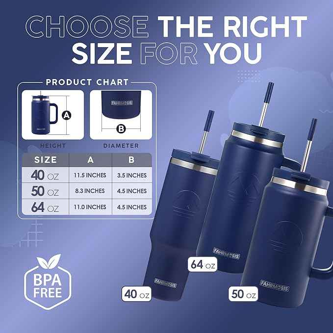FAHRMOSIS 40 Oz Tumbler with Handle and Straw Insulated Cup that Fits in Cup Holder for Hot & Cold Drinks Leak Proof Tumbler with Straw Stainless Steel Travel Mug for Men & Women - Navy Blue
