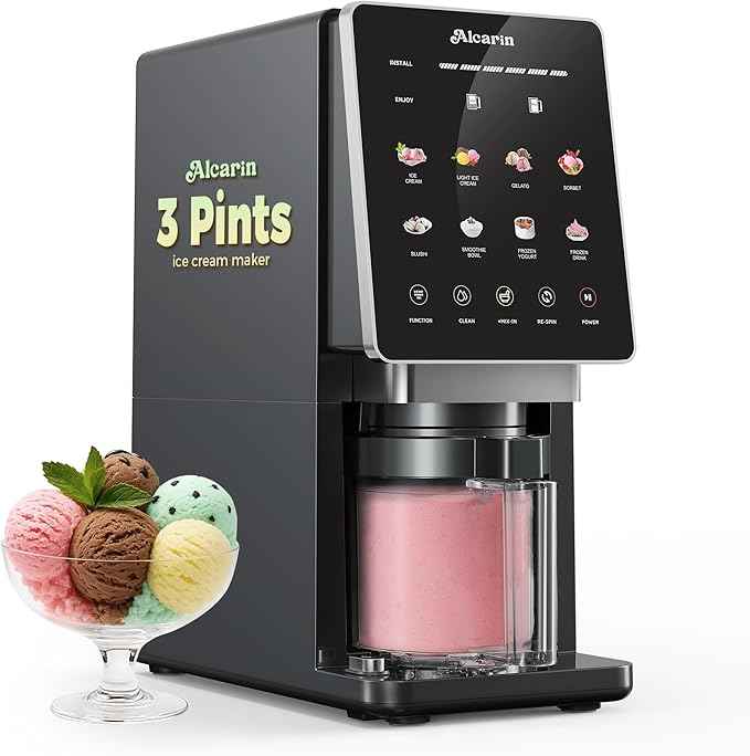 Alcarin Ice Cream & Frozen Drink Maker with 3 Pint, Not Freezer, Soft Serve, Slushie, Gelato, Sorbet & Yogurt Machine with 10 One-Touch Programs, Re-Spin & Mix-In Functions