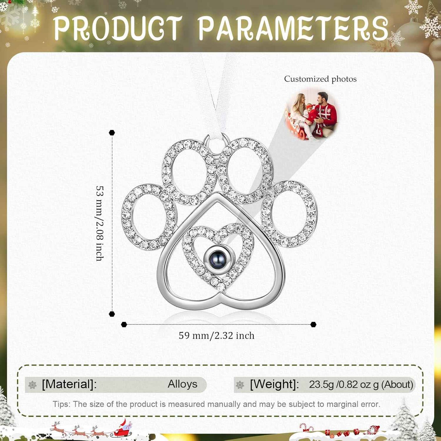 Personalized Photo Ornament for Christmas Tree, Custom Picture Inside Projection Pendant Ornament, 2025 New House Xmas Party Decoration, Memorial Gifts (Paw)