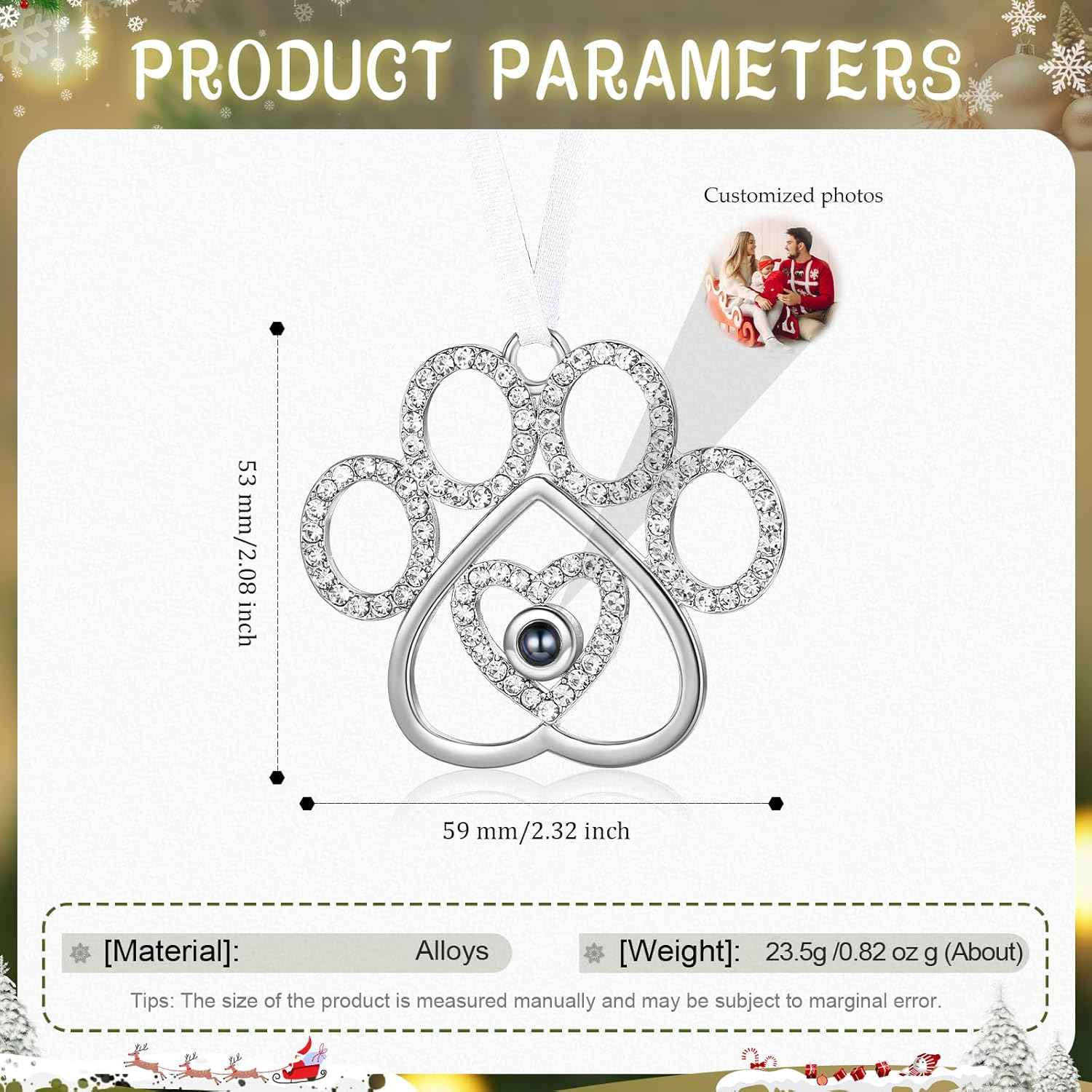 Personalized Photo Ornament for Christmas Tree, Custom Picture Inside Projection Pendant Ornament, 2025 New House Xmas Party Decoration, Memorial Gifts (Paw)