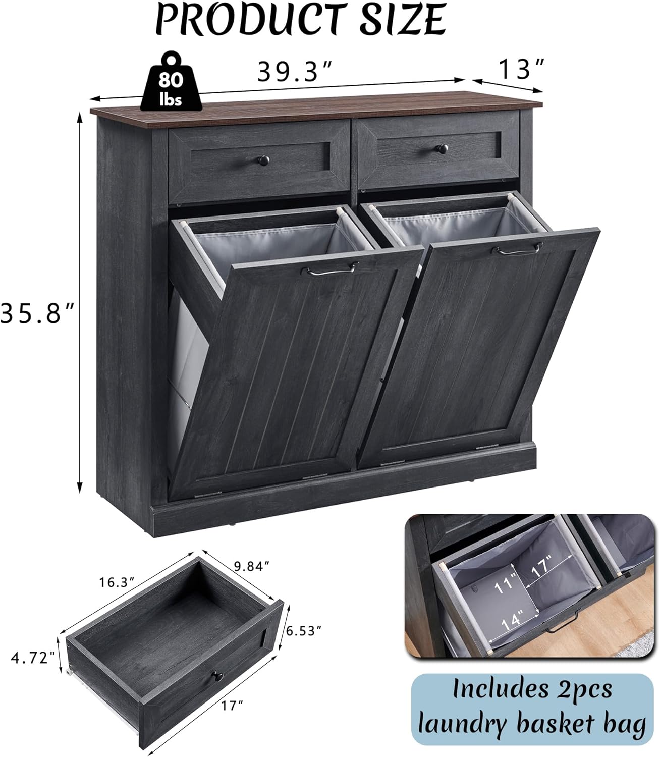 Double Tilt Out Laundry Hamper Cabinet, 20 Gallon Farmhouse Trash Can Cabinet with Drawer, Hidden Wood Garbage Can Bin Cabinet with Laundry Storage Basket for Bathroom, Kitchen, Dark Grey - Lumora Casa