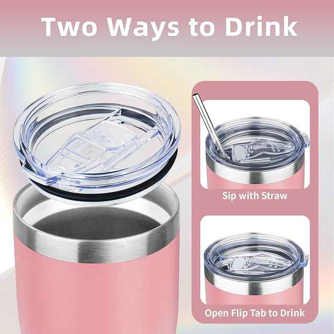 MEZMUT 20oz Coffee Tumbler with Lid and Straw Double Wall Vacuum Insulated Cup Stainless Steel Travel Mugs Insulated for Hot and Cold Leakproof Powder Coated Tumbler for Indoor and Outdoor(Pink White)