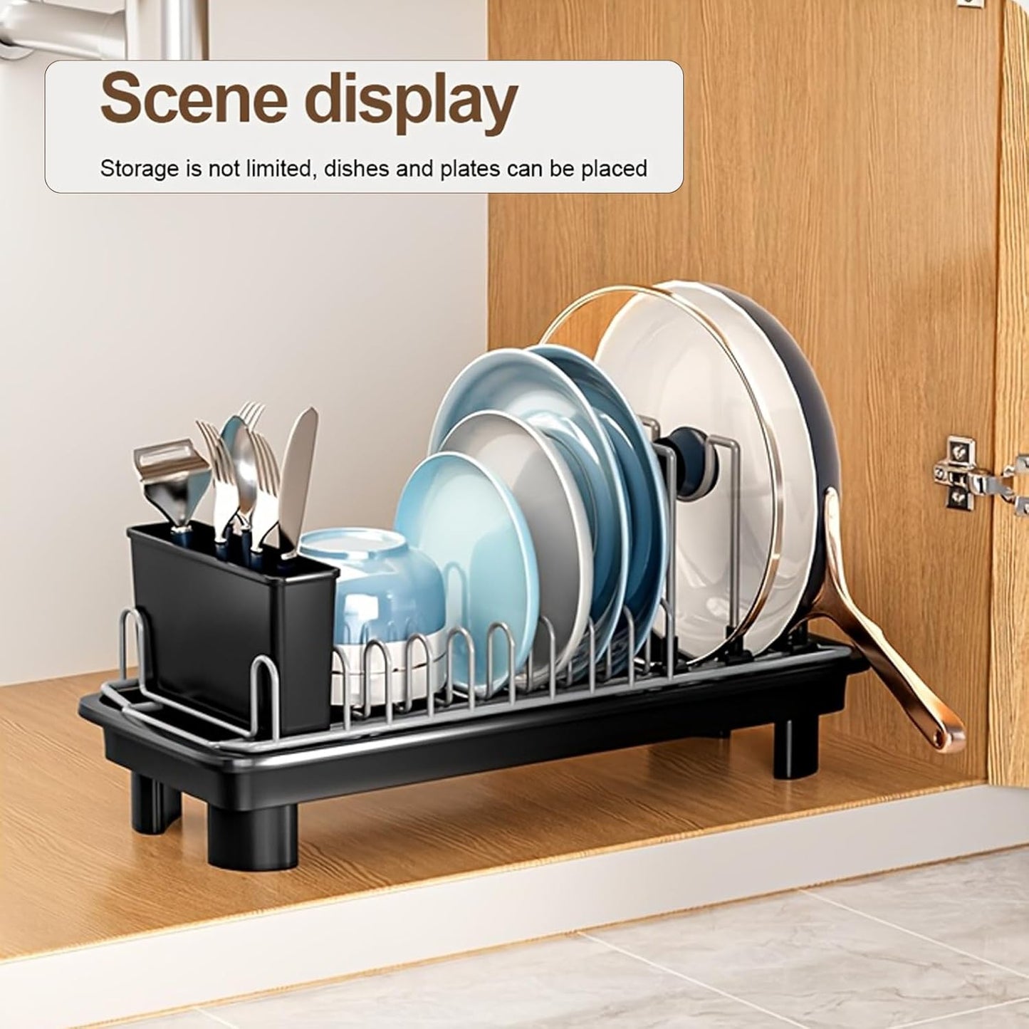 Compact Dish Drying Rack for Countertop, Small-Sized for Dorms, RVs & Tiny Kitchens, Auto-Drain, Adjustable Slots, Rust-Resistant with Utensil Caddy & Sponge Holder (Black)