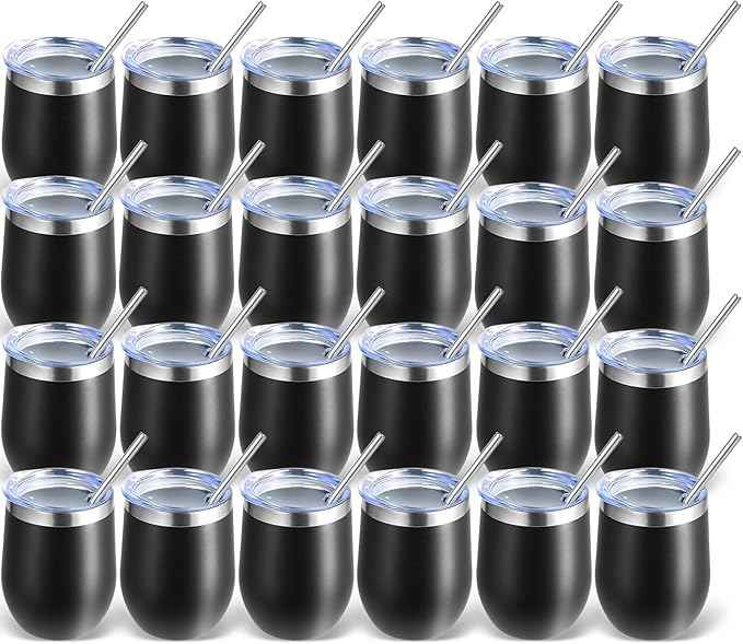 Volhoply 12oz Stainless Steel Wine Tumbler with Lid Bulk 24 Pack,Double Wall Vacuum Stemless Wine Glasses,Reusable Metal Travel Coffee Mug with Straw,Insulated Cups Gifts for Christmas（Black,24 Set）