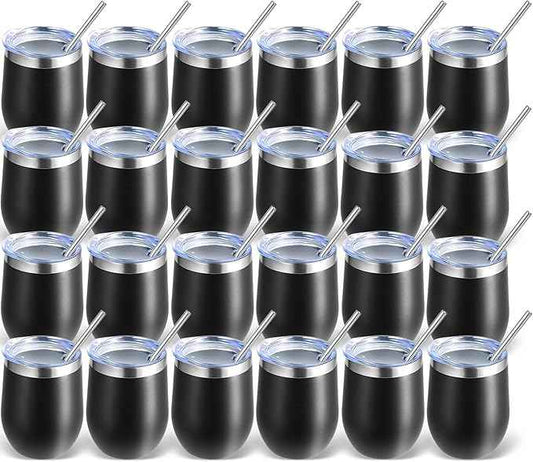 Volhoply 12oz Stainless Steel Wine Tumbler with Lid Bulk 24 Pack,Double Wall Vacuum Stemless Wine Glasses,Reusable Metal Travel Coffee Mug with Straw,Insulated Cups Gifts for Christmas（Black,24 Set）