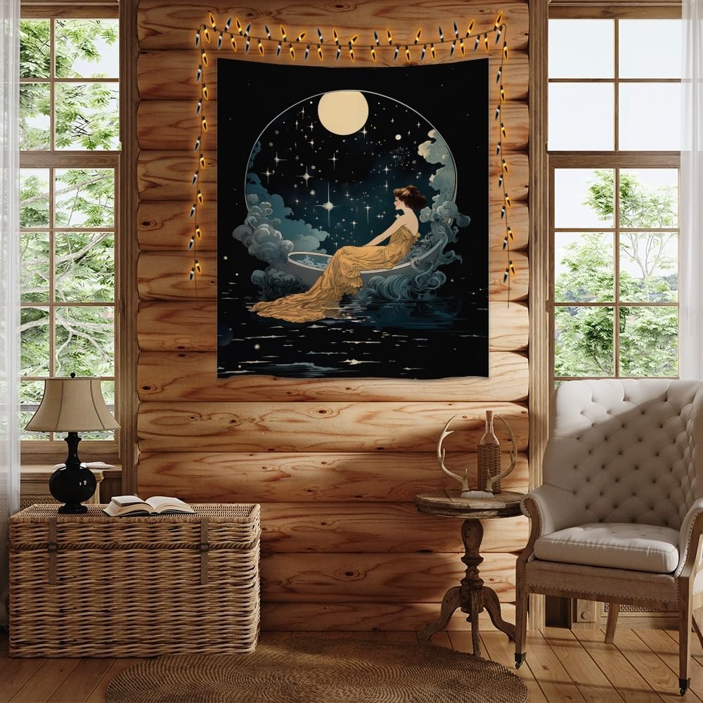 Dark Academia Tapestry Celestial Moonlit Bathing Lady Print Trendy Aesthetic Gothic Wall Hanging Vintage Art Nouveau Tapestries Wall Decor for Bedroom Living Room Dorm 40x60inch