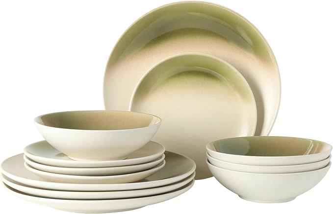 Gibson Elite Crescenton Plates and Bowls Sets, 12-Piece Green Stoneware Dinnerware Sets, Round Reactive Glaze Dish Set
