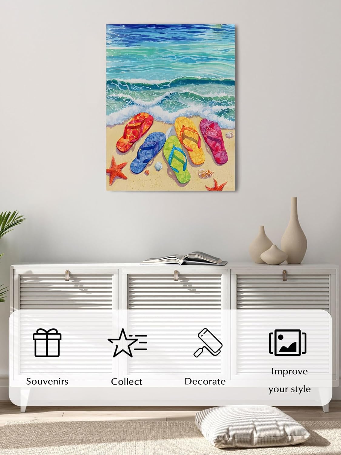Watercolor Ocean Beach Slippers Canvas Wall Art Prints,Picture Wall Decor Paintings Sailing Boat Summer Vacation Framed Artwork for Living Room Bedroom Bathroom Office 48"x36",Ready to Hang