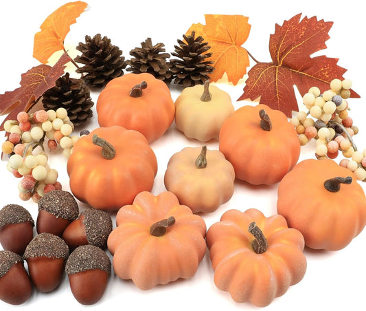 22 PCS Pumpkin Decor - Fall Decorations Plastic Pumpkins for Autumn Decorating Kit Halloween Thanksgiving Party Supplies