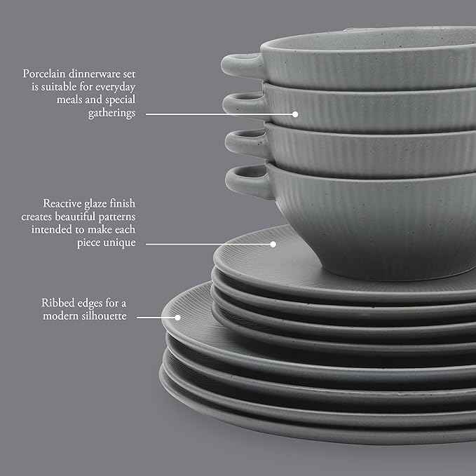 Gibson Elite Clover Hill 12-Piece Stoneware Dinnerware Set – Dark Blue Embossed Plates and Bowls with Matte Speckled Reactive Glaze, Service for 4 – Microwave & Dishwasher Safe