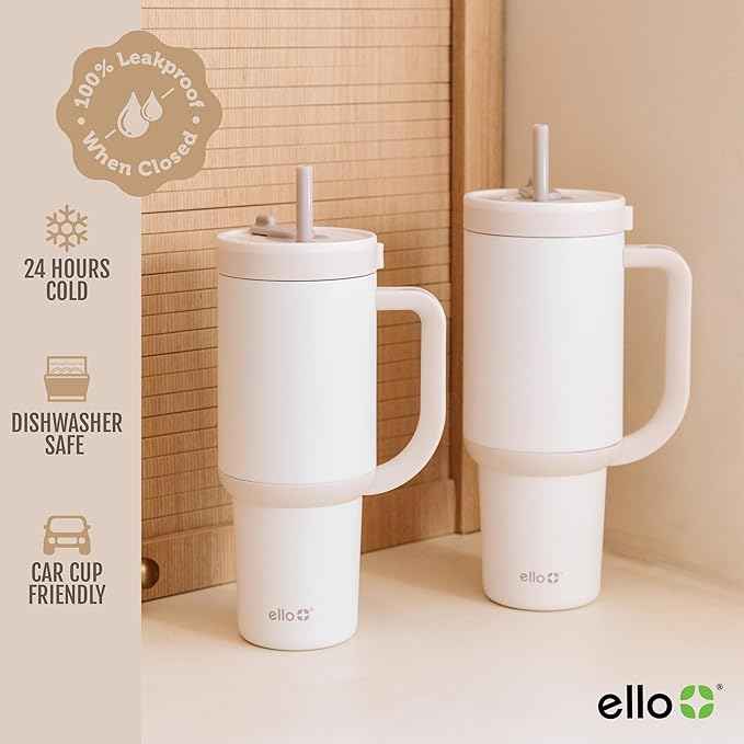 Ello Oasis 24 oz Tumbler with Handle & Retracting Straw | Reusable Insulated Stainless Steel Cup 100% Leakproof, Gifts for Teens Women Men | Keeps cold for 24 Hours, Cup Holder Friendly, Cream Tonal