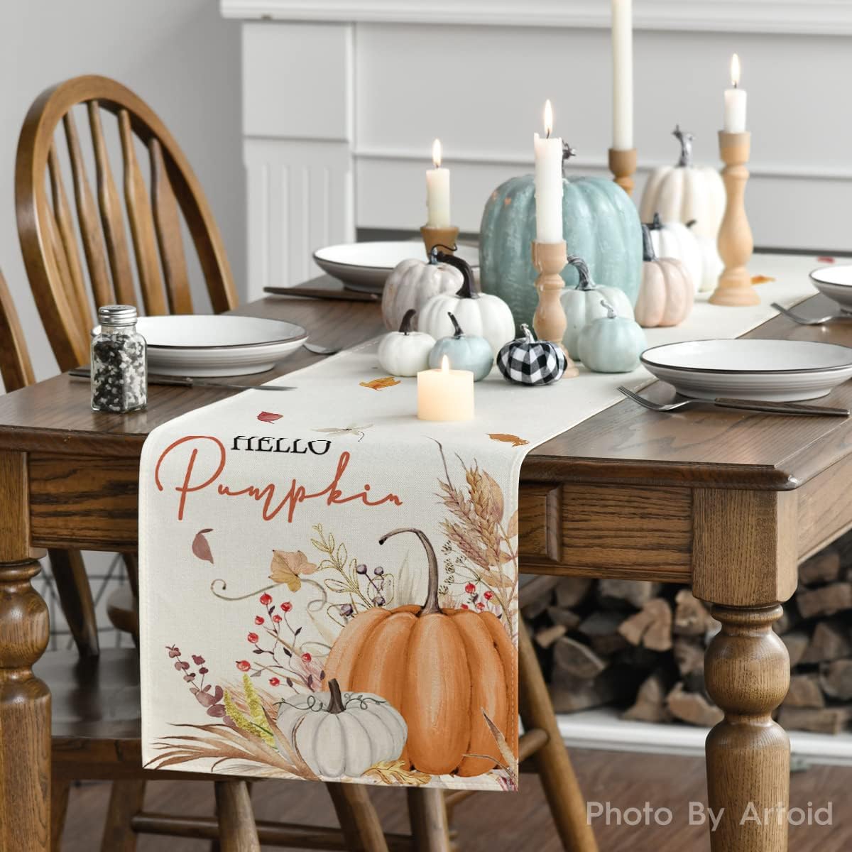 Artoid Mode Hello Pumpkin Flowers Leaves Thanksgiving Table Runner, Seasonal Fall Harvest Vintage Kitchen Dining Table Decoration for Indoor Outdoor Home Party Decor 13 x 90 Inch