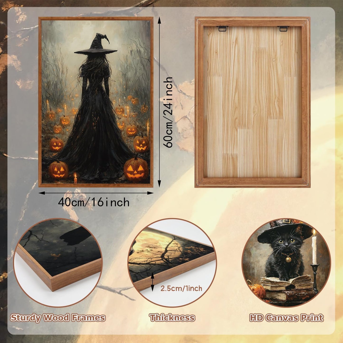 KAIRNE Framed Halloween Canvas Wall Art,Dark Witch Crow Prints,Black Cat Painting,Horror Gothic Pictures Set of 3 (16”X24”),Scary Halloween Wall Decor for Party Living Room Bedroom Office Decoration