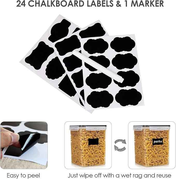Vtopmart 4 PCS Large Food Storage Containers 5.2L / 175oz, 4 Pieces BPA Free Plastic Airtight Canisters for Flour, Sugar, Baking Supplies, Rice with Lids, 4 Measuring Cups and 24 Labels, Black