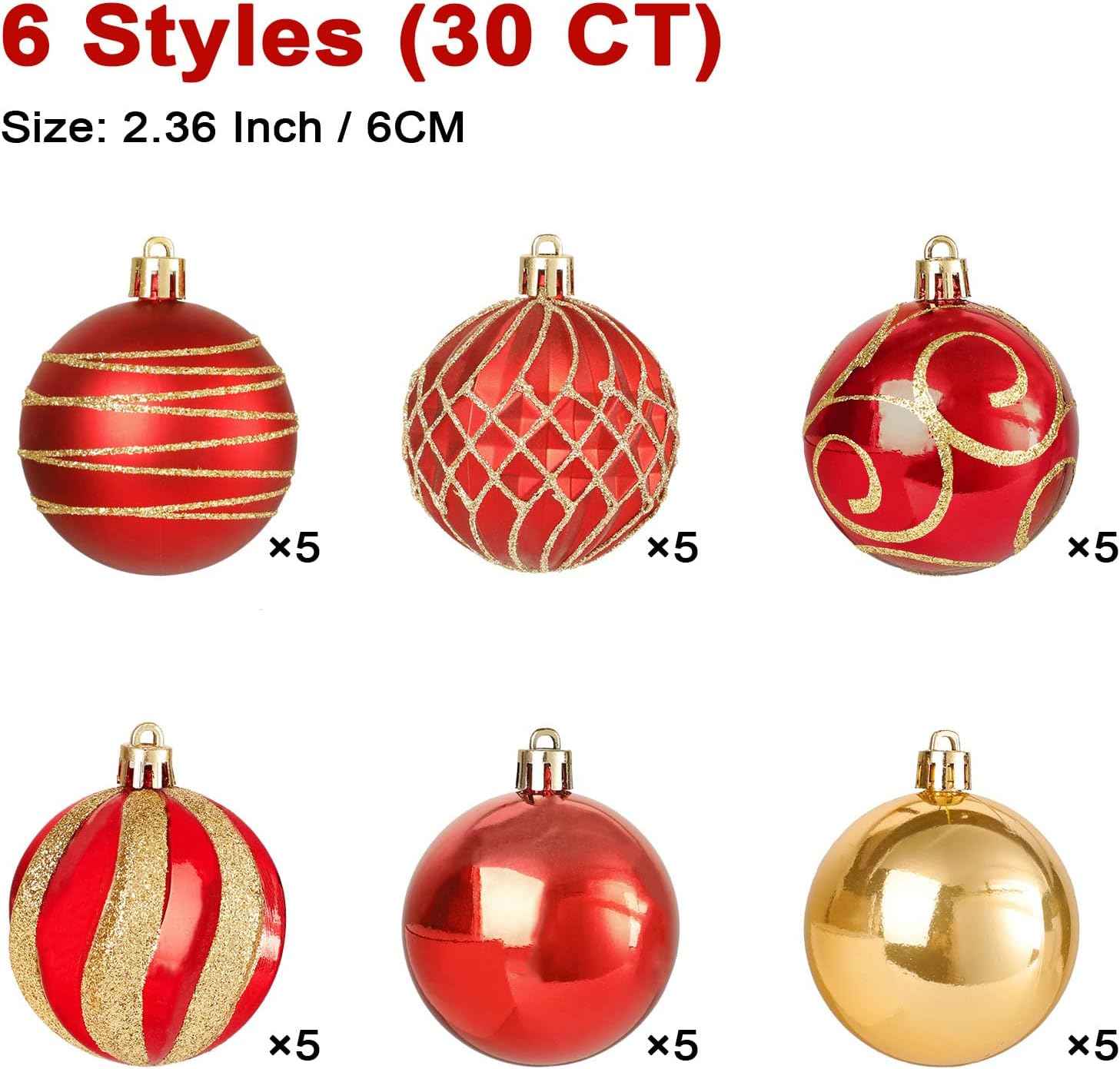 30 PCS Christmas Ball Ornaments Tree Decorations, 60mm/2.36" Classic Red and Gold Shatterproof Christmas Bulbs Ornaments for Xmas Tree Holiday Wreath Decor