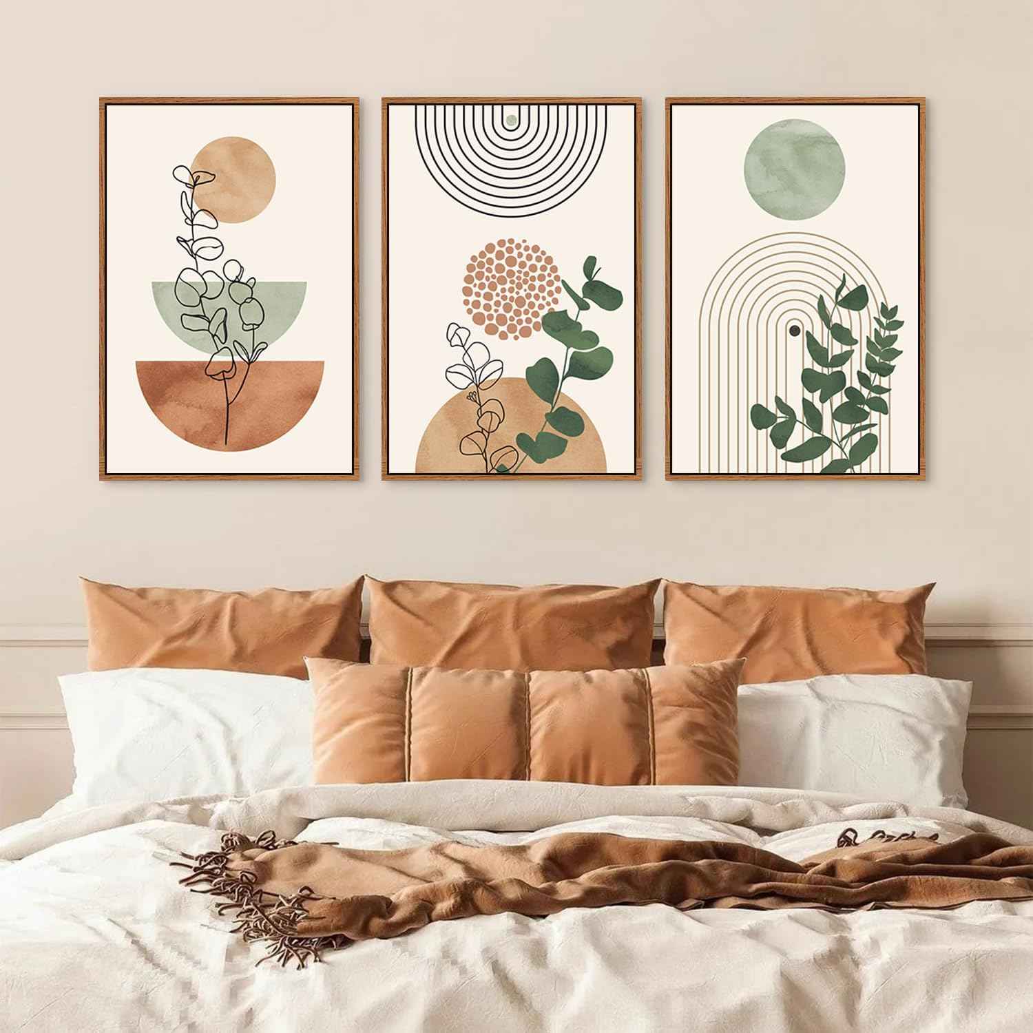 Boho Terracotta Green Framed Canvas Wall Art Set, Abstract Plant Wall Decor, Mid Century Modern Geometric Wall Painting, Neutral Abstract Art Print to Living Room, Bedroom, Office 36"x24"x3