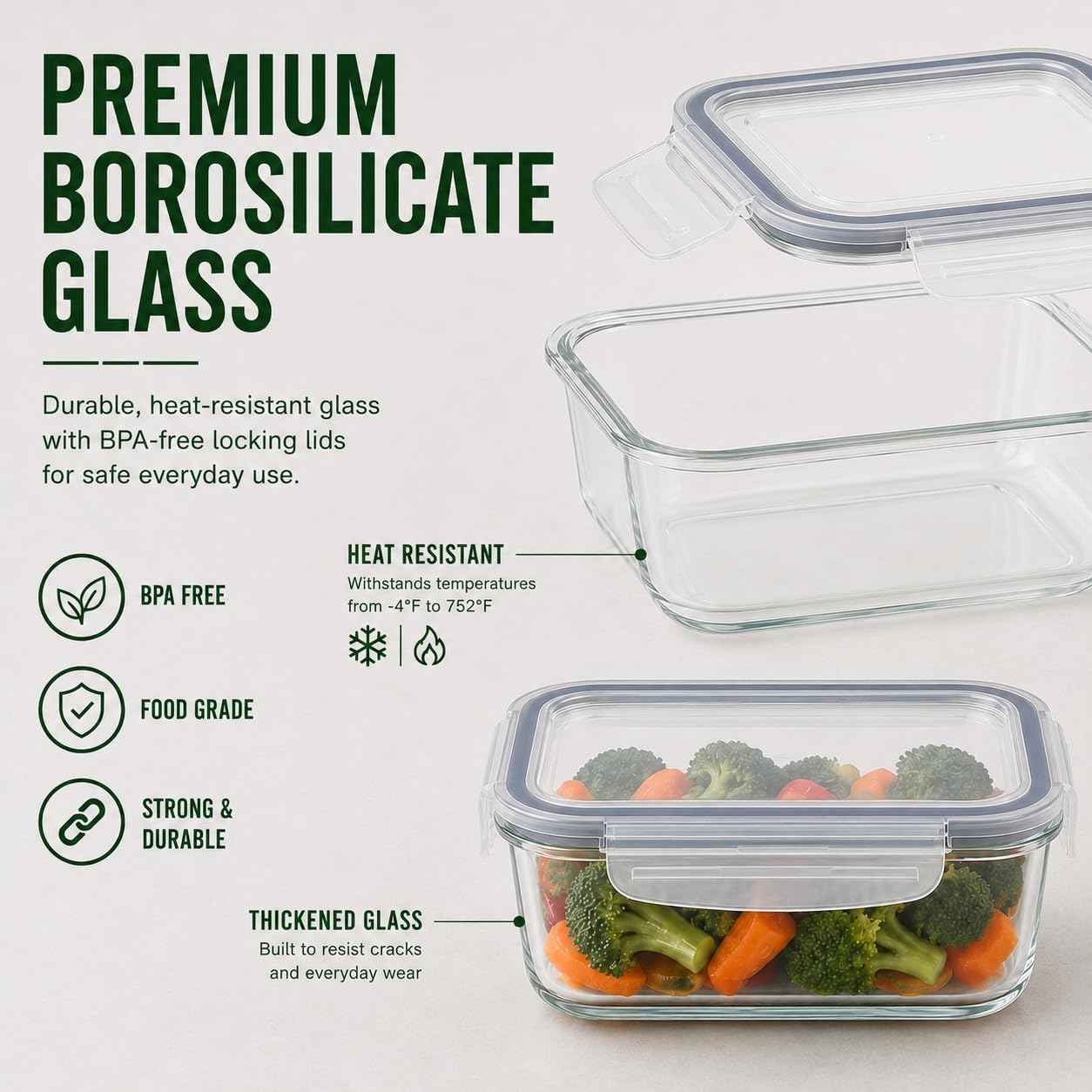 5 Pack 36oz Borosilicate Glass Food Storage Containers Set with Lids, Freezer Meal Prep Containers, Airtight Bento Lunch Container Set, Oven, Freezer and Dishwasher Safe, BPA Free, Kitchen Storage Set