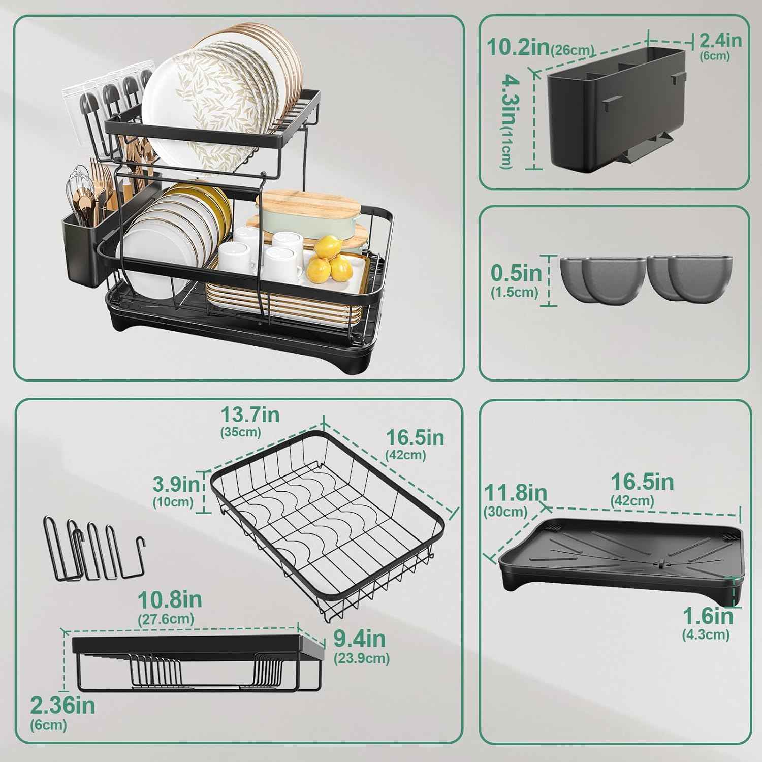 Dish Drying Rack, 2-Tier Large Dish Drying Rack for Kitchen Counter – Space Saving Dish Drainer Organizer with Utensil Holder and Cutlery Tray, Black