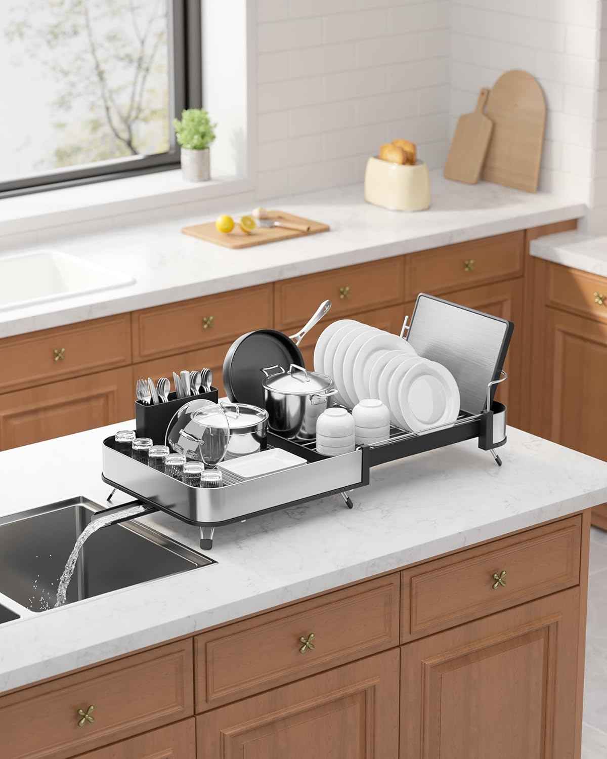 Kitsure Dish Drying Rack - Expandable Stainless Steel Dish Racks for Kitchen Counter, Auto-Drain Drying Rack for Kitchen with Cutlery Holder & Non-Slip Feet, 16.1-26.6" L x 12.6" W, Black
