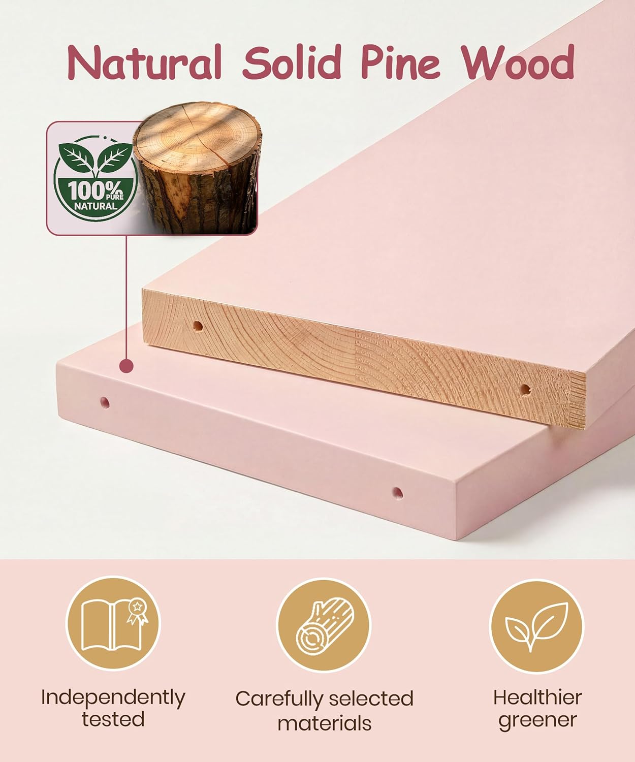 Nursery Book Shelves for Wall Set of 3, Pink Natural Wood Bookshelf Wall Decor, Small Floating Shelf Organizer for Kids Room, Bedroom, Kitchen Spice Rack