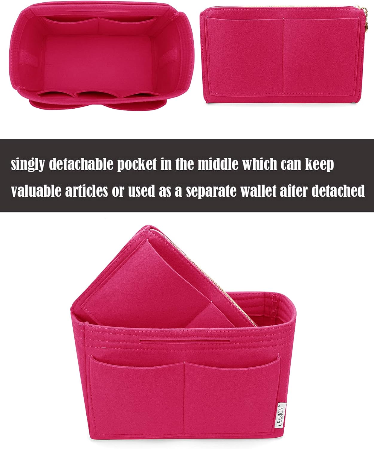 LEXSION Felt Purse Bag Organizer Insert with zipper Bag Tote Shaper Fit Speedy Neverful PM MM