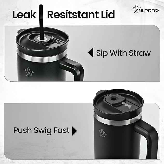 30oz Tumbler with Handle and Straw Insulated Stainless Steel Travel Mug Vacuum Double Wall Coffee Cup Leak Resistant Lid BPA-Free Cup Holder Friendly for Hot & Cold Drinks, Black