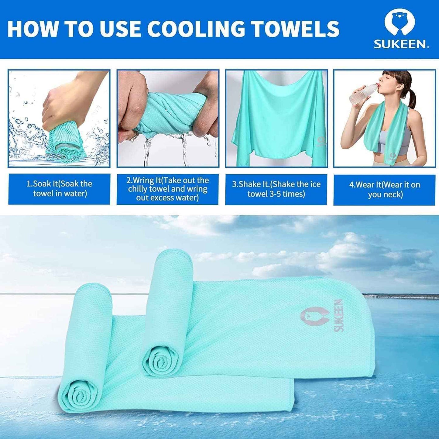 Sukeen Cooling Towels 8 Pack (40"x12"), Cooling Towels for Neck and Face, Microfiber Breathable Chilly Ice Towel for Hot Weather, Sweat Towel for Gym, Sport, Yoga, Golf, Workout, Camping, Running