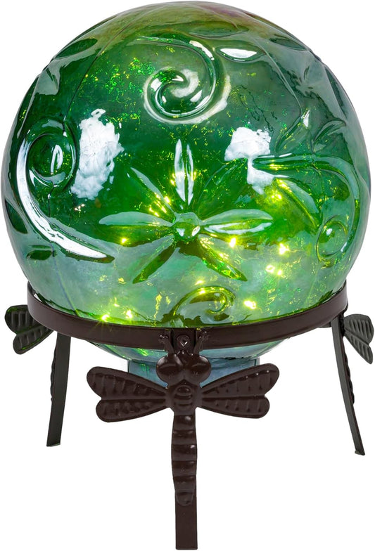 Alpine Corporation 13" Tall Indoor/Outdoor Pearlized Green Glass LED Gazing Globe with Stand