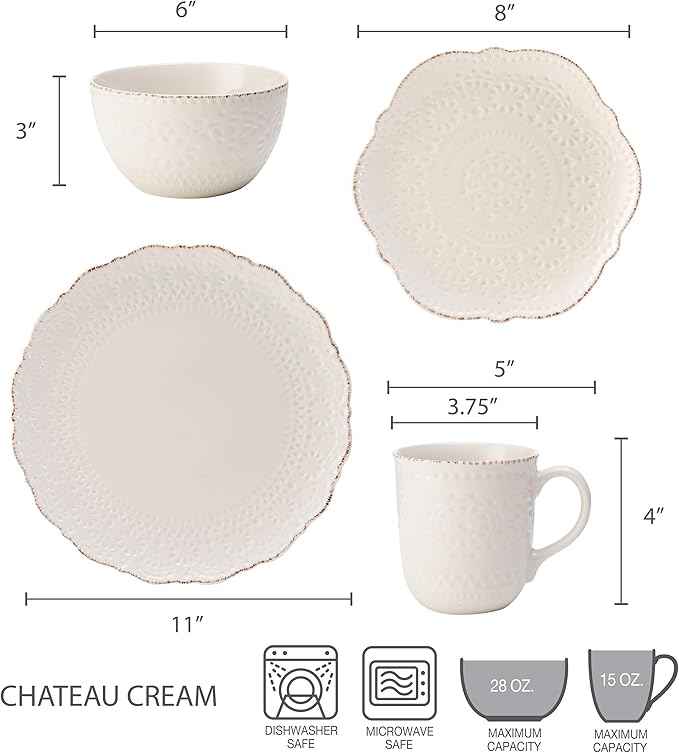 Pfaltzgraff Chateau Cream 16-Piece Stoneware Dinnerware Set, Service for 4, Off White