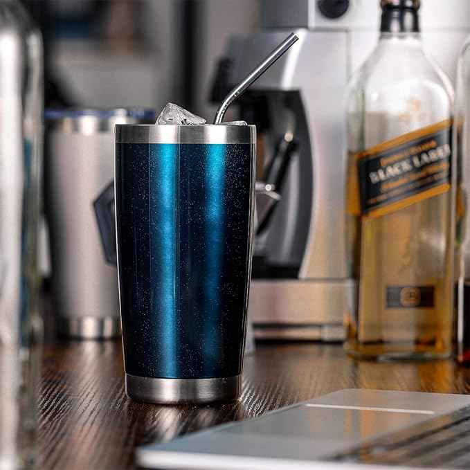 COMOOO 20oz Double Wall Vacuum Insulated Travel Mug, Stainless Steel Tumbler with Lid and Straw Durable Powder Coated Insulated Coffee Cup for Cold & Hot Drinks (Peacock blue, 1)