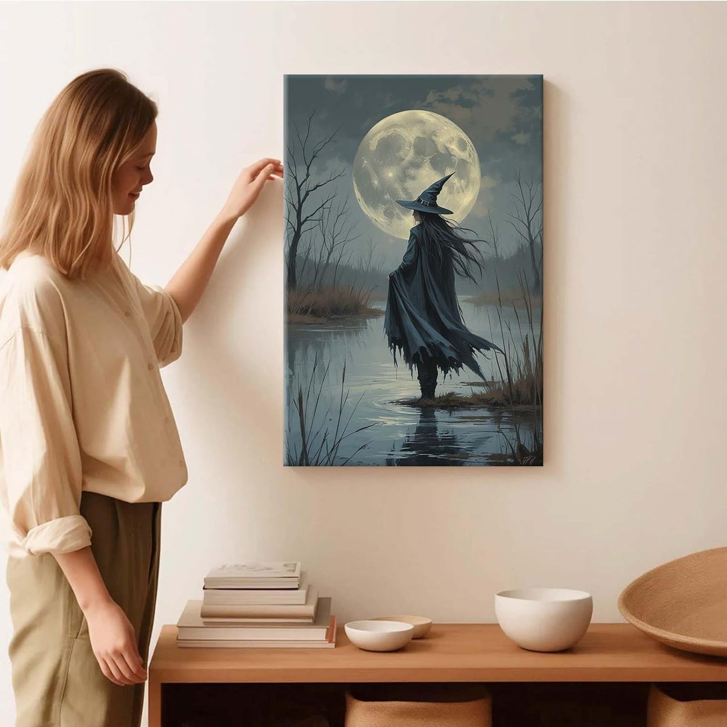 JFHCQJPK Witch in the moonlight magic canvas wall art enchanting Halloween home decor swamp witch silhouette oil painting mysterious gothic aesthetic wall decor print poster8x12in Frameless